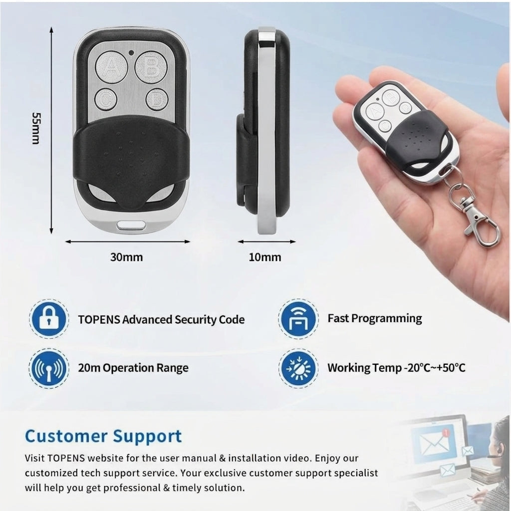 TOPENS M12 Black Universal 4-Button Garage Door Opener 433mhz Remote Controls