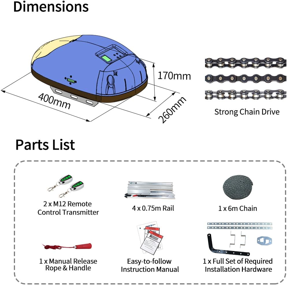TOPENS CASAR800 Garage Door Opener 800N Heavy Duty Door Operator Kit Strong Chain Drive with Durable DC Motor Ultimate Security for Garage Doors Up to 2.3m, Including 2 Remote Controls - Nextstepper