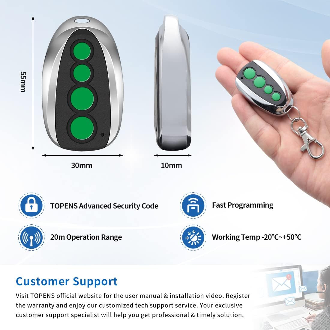 TOPENS M12 Remote Control Key Fobs for Automatic Swing Sliding Gate Opener Garage Door Opener 4 - Button Wireless Transmitter 2 - Pack Security Gate Controller with Keychain - nextstepper