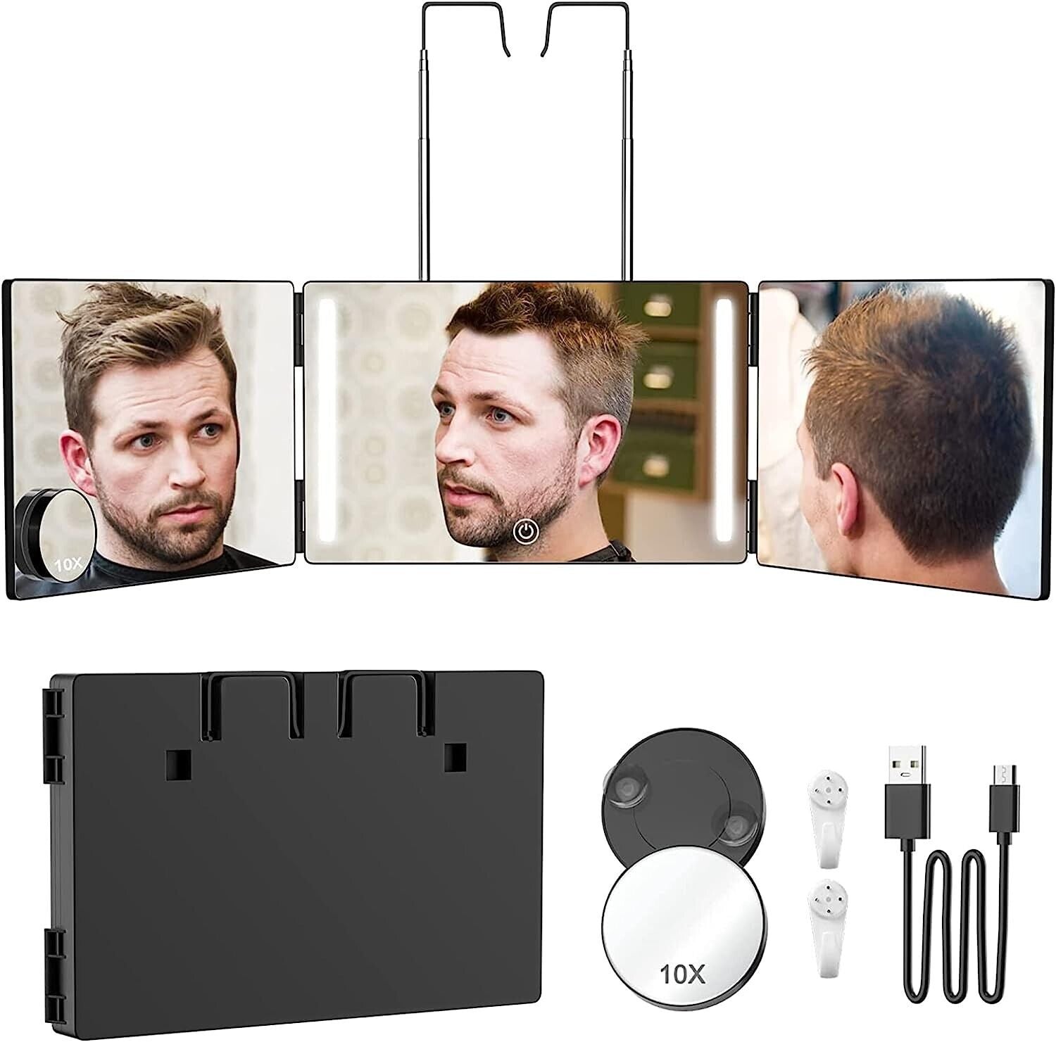 3 Way Mirror with LED Lights, 360 Mirror Self Cut Hair, Back View Trif –  nextstepper
